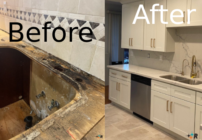 Before and after of a kitchen damage restoration showing repairs completed