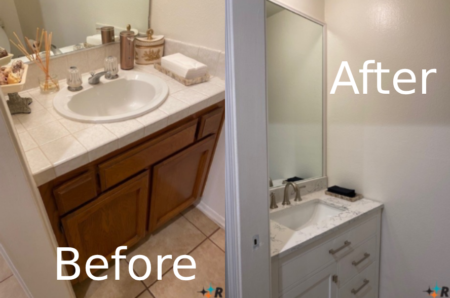 Before and after of a bathroom damage restoration