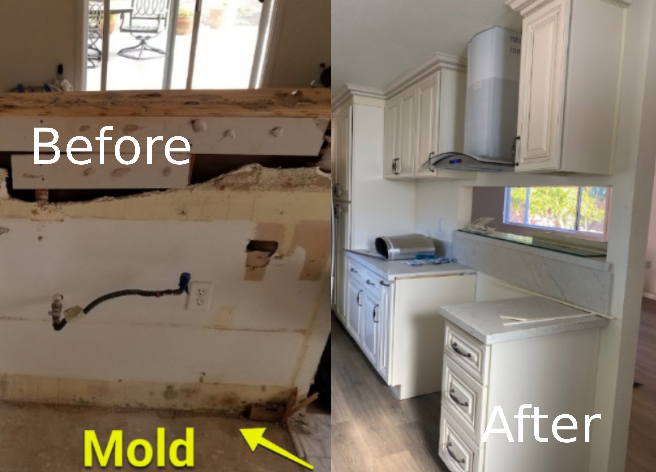 Before and after of a second kitchen restoration project from damage to finished repair